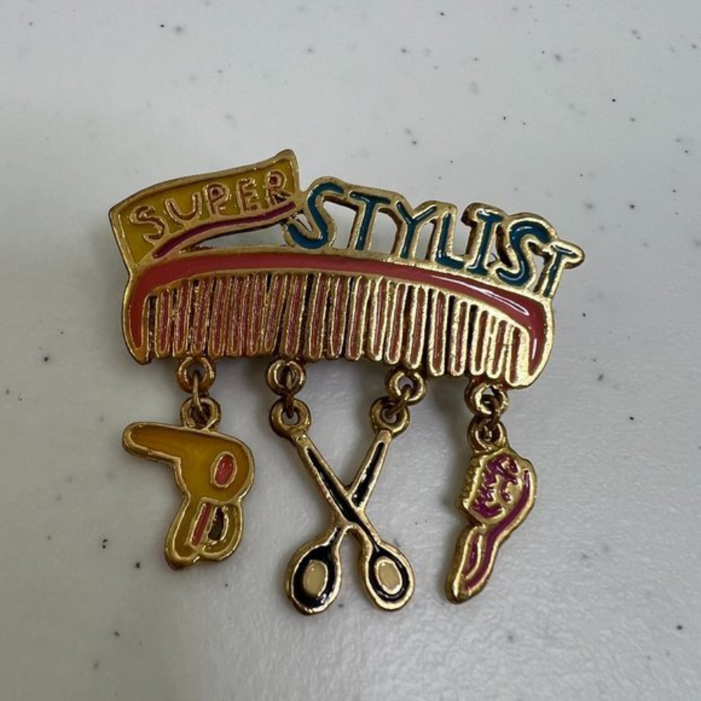 DM David Monn Super Stylist Brooch Charm Dangle Pink Yellow Enamel Gift Pin Used
